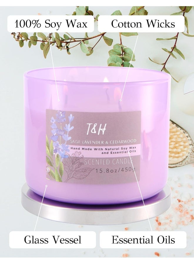 T&H Sage Lavender Cedarwood 3-Wick Candle | Large Scented Candle for Home | Calming Fall & Winter Scented Candle | Aromatherapy Lavender Woods Candles for Men & Women 15.8 oz | Sage Citrus Soy Candle - Image 4